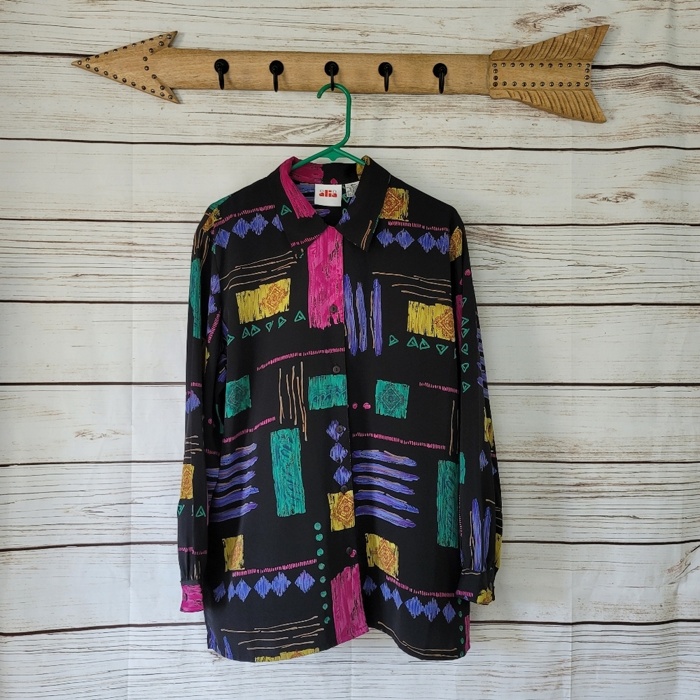 Black Multicolor Patterned Button-Up Shirt - Isla